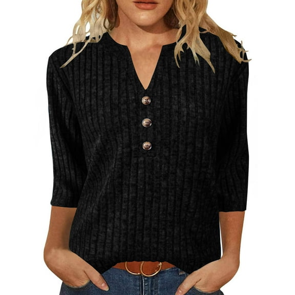 Fanxing Womens 3/4 Sleeve Pullover Sweaters Cozy V Neck Henley Button Tunic Tops Casual Dressy Soft Fall Knit Blouses Black L