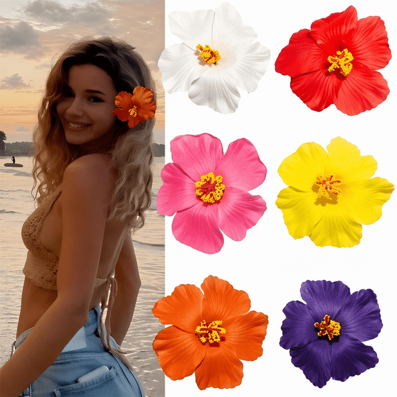 6pcs Hawaiian Flower Hair Clips for Women - 3.5 Inch Plumeria Hibiscus Rose Artificial Floral Barrettes for Girls, Beach Vacation Luau Wedding Party Hair Accessories