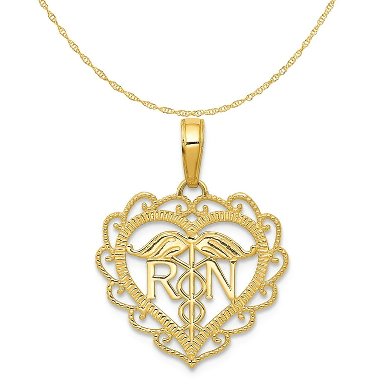 Carat in Karats 14K Yellow Gold Rn Registered Nurse Heart Pendant Charm 18mm x 18mm With 14K Yellow Gold Lightweight Rope Chain Necklace 18