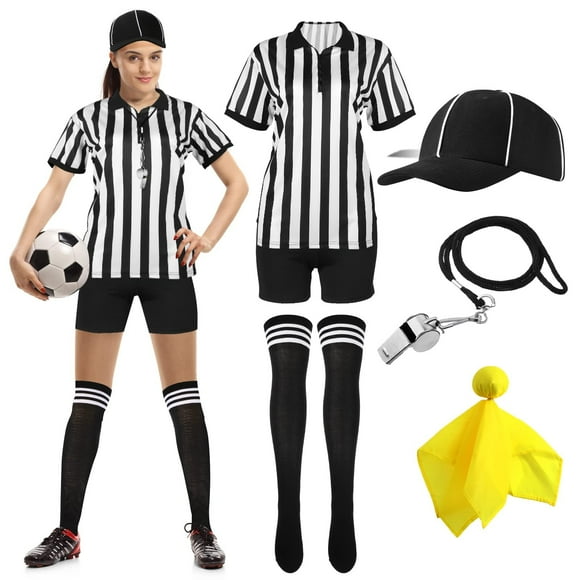 Chandail d'Arbitre pour Femmes à Rayures, Maillot d'Umpire à Col en V, Shorts Noirs, Baseball, Sifflet d'Arbitre, Drapeau de Pénalité Jaune pour Arbitres de Basketball Soccer Soccer Serveuses de Noël et Costume