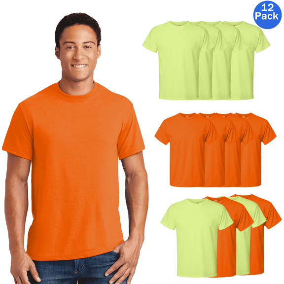 Hanes Men’s T-Shirt, High Vis Cotton/Poly Short Sleeve Safety Green 12 Pack Bulk Shirt, Sizes S-5XL