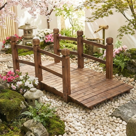 ELLEGNT 5 ft Solid Wood Garden Bridge – Stained Arch Walkway for Pond or Pathway Brown