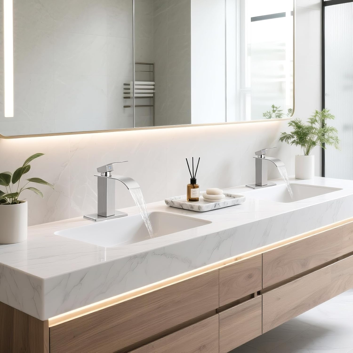 Brushed Nickel Bathroom Faucets, Waterfall Bathroom Sink Faucet Modern Single Handle Bathroom Faucte 1 or 3 Hole, RV Mixer Tap Vanity Faucet - Includes Pop-up Drain Supply Hoses Deck Plate