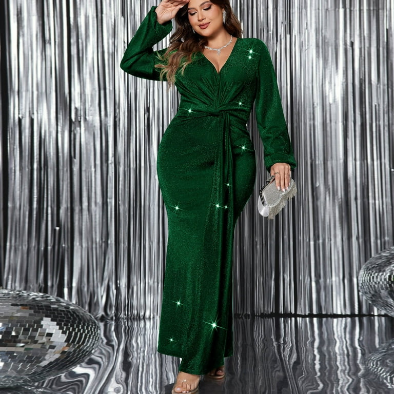 MOJOGO Women's Plus Size Dresses Shiny Long Sleeve V Neck Dress Bodycon  Formal Party Evening Dress Olive Green 3XL - Walmart.com