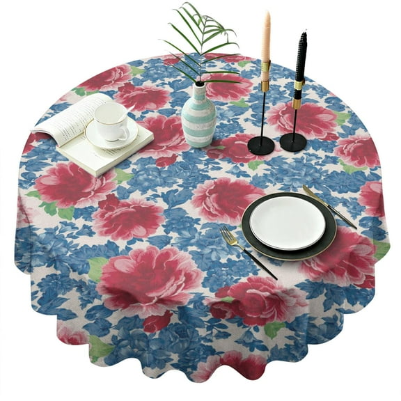 Round Waterproof Tablecloth Pioneer Pink Blue Rose Reusable Indoor/Outdoor Durable Table Cover for Kitchen and Dining Room 60 Inch X 60 Inch