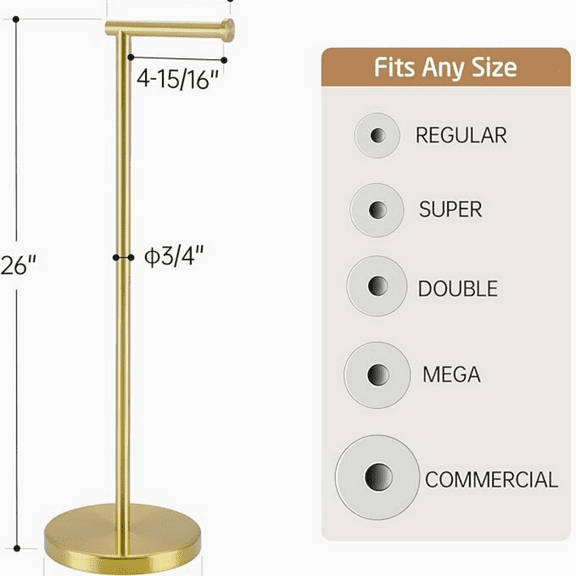 Gold Toilet Paper Holder Stand 26" H (Taller Version), Free Standing Toilet Paper Roll Holder with Weighted Base for Bathroom, Rustproof SUS304 Stainless Steel Brushed Gold