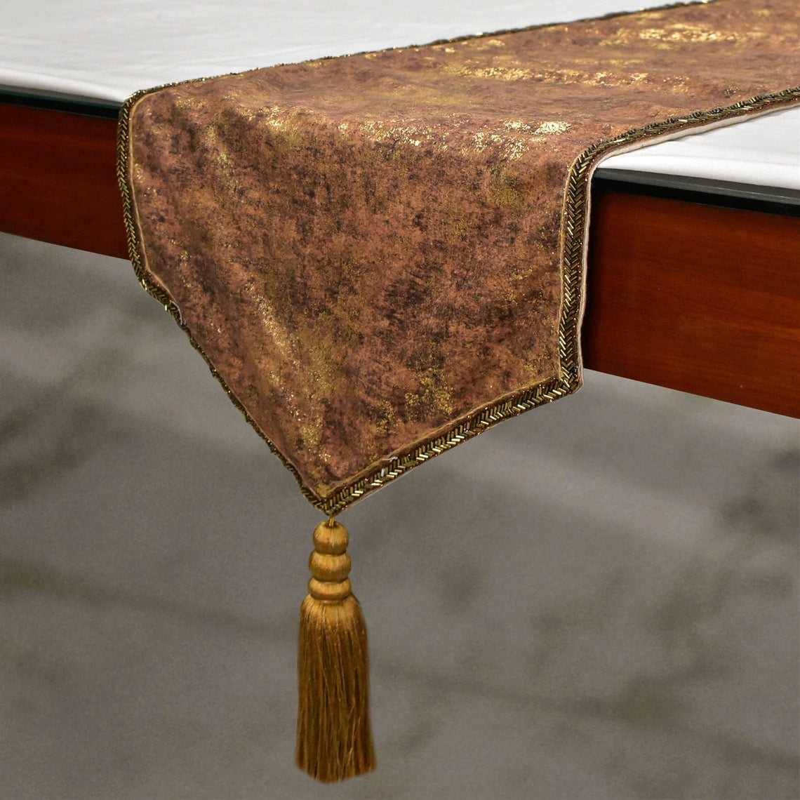 The HomeCentric Decorative Gold Table Runner 6 Seater Table Runner (14 x 72 inch) Foil, Tassels, Suede fabric Table Linen, Abstract Pattern Modern Style - Shimmer Fest Gold