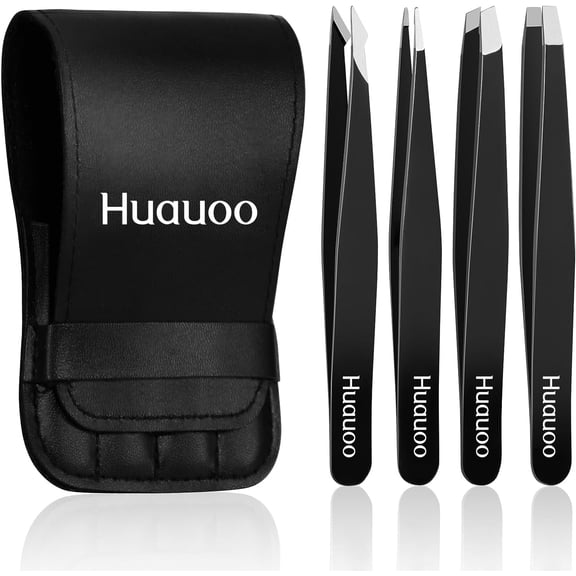 4 Pcs Tweezers Set, Stainless Steel Hair Removal Makeup Tool, Gift, Black