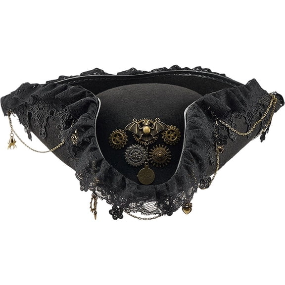 Renaissance Pirate Hat with Lace Brim Steampunk Style Cap Halloween Accessories for Pirates Theme Party