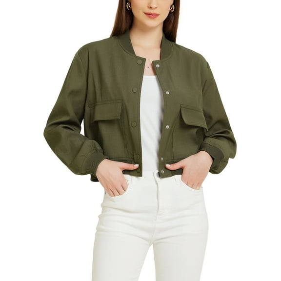 INSPIRE CHIC Button Down Bomber Jacket for Women's Stand Collar Long Sleeve Casual Cropped Coat