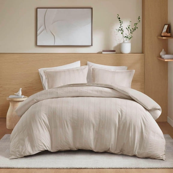 Logan 3-Piece Neutral Polyester Queen Woven Striped Duvet Set