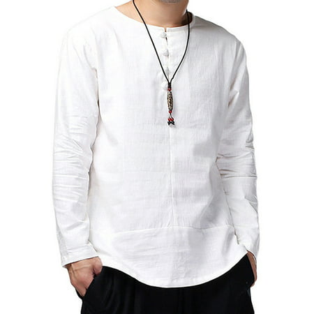 Men's Buttons Long Sleeve Retro Split Loose Round Neck Casual (Best Male Casual Look)