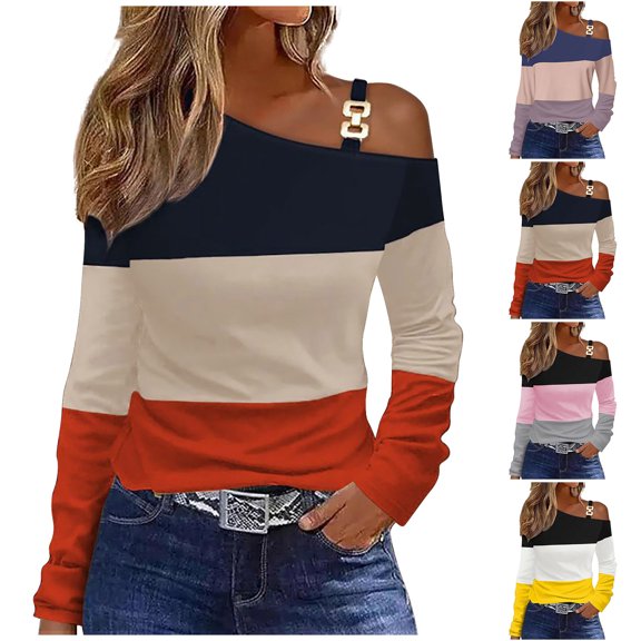 YANHAIGONG Cold Shoulder Tops for Women Long Sleeve Color Block Tunics for Fall Tops 2024 Trendy Casual Off One Shoulder Shirts Loose Fit Blouses Fashion for Women 2024