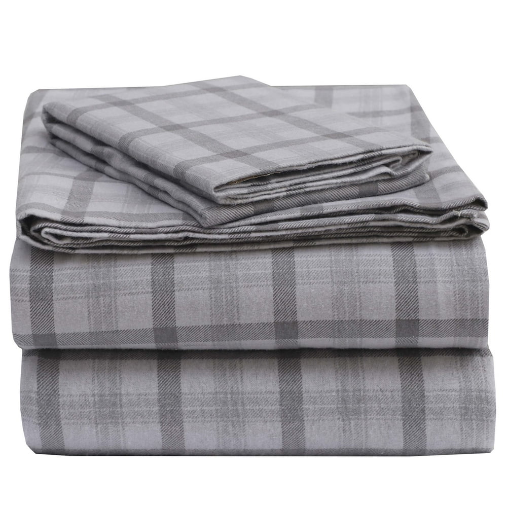 EnvioHome 160 GSM Cotton Flannel Sheet Set Twin XL, Grey Check