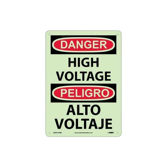 National Marker Danger High Voltage Bilingual 14X10 Adhesive Glo Vinyl GESD102PB
