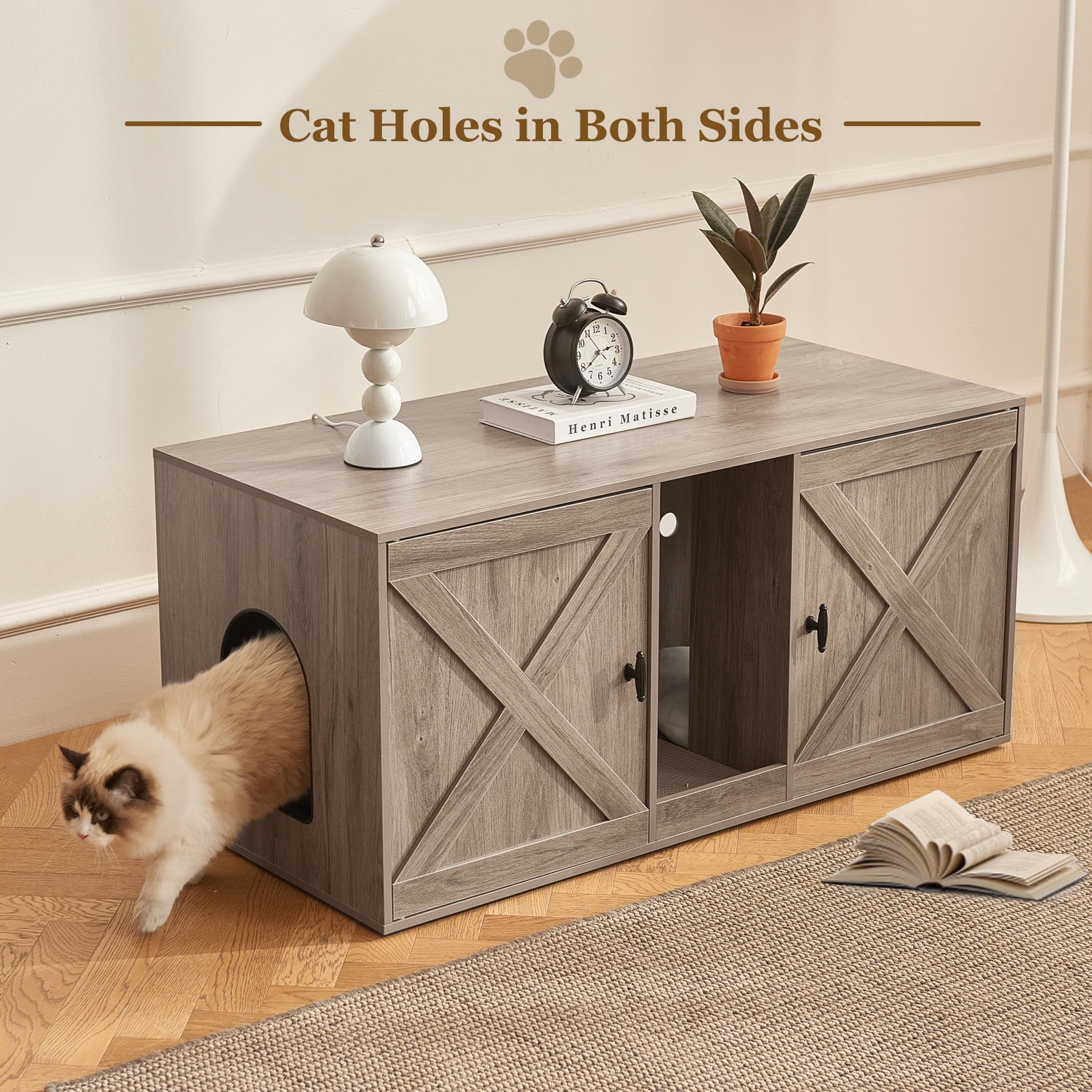 JanflyHome Hidden Cat Litter Box Enclosure, 42.5" Litter Box Furniture with Removable Cat Scratching Board Indoor for Living Room, Farmhouse Greige
