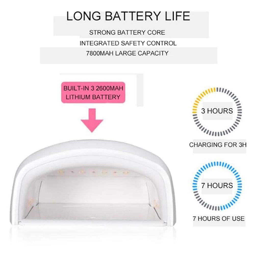 48W Cordless LED UV Nail Lamp Gel Polish Dryer Rechargeable Fast Curing Nail Lamp Wavelength 365nm 405nm 610nm 5–7 hours per charge Input Voltage: 100–240V Output Voltage: 110–120V, 60Hz Charging Tim