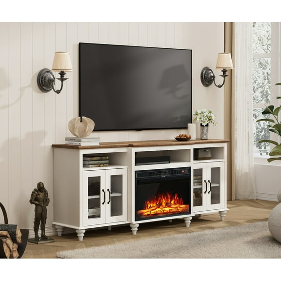 Glass Farmhouse Fireplace TV Stand for TVs up to 80'', Highboy Entertainment Center with 7 Storages, 75'' Large TV Console with 26'' Electric Fireplace, Antique White