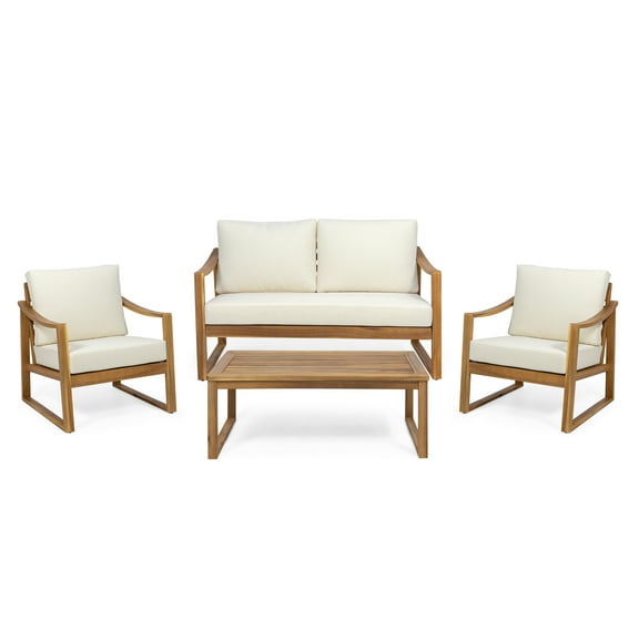 GDF Studio Johnlucas Outdoor 4 Seater Acacia Wood Chat Set with Cushions, Teak and Beige