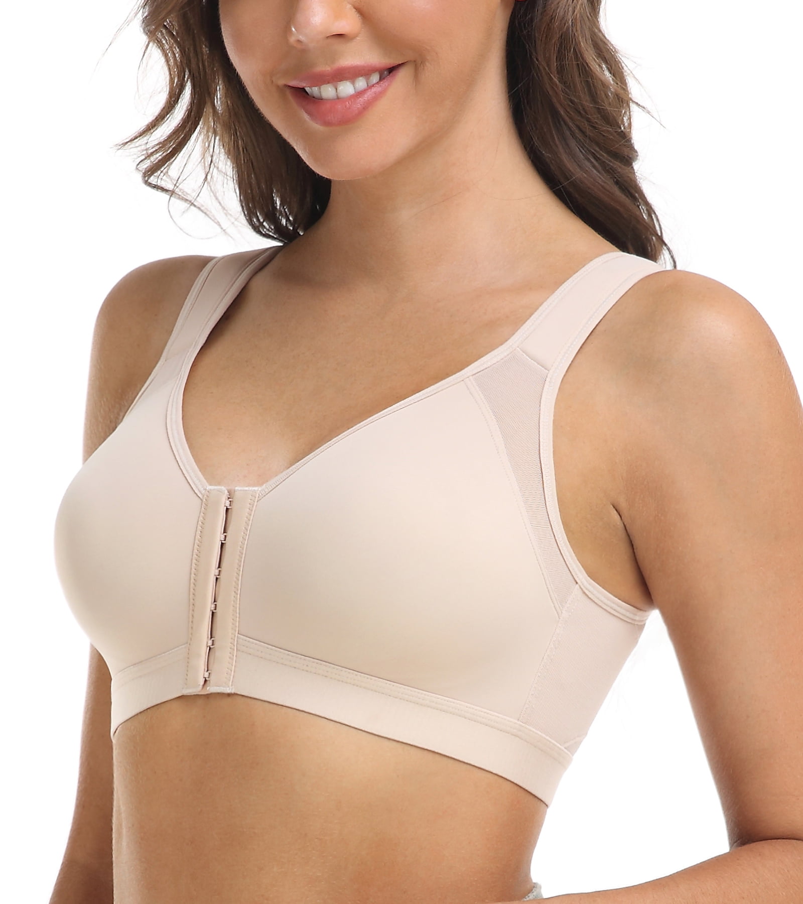 Exerin Women's Back Support Front Closure Bra Full Coverage Non Padded Wirefree(Beige,36C)