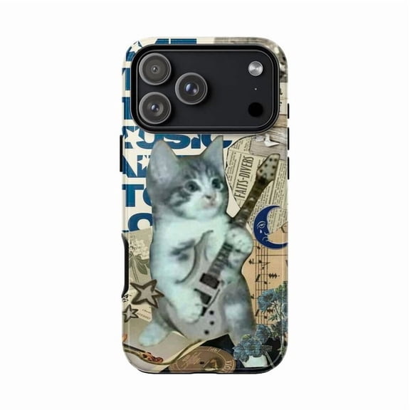 Guitar Cat Collage Phone Case, Retro Music Aesthetic iPhone Cover, Cute Artistic Protective Case for iPhone 17 16 15 14 13 12 11 Plus Pro Max Mini