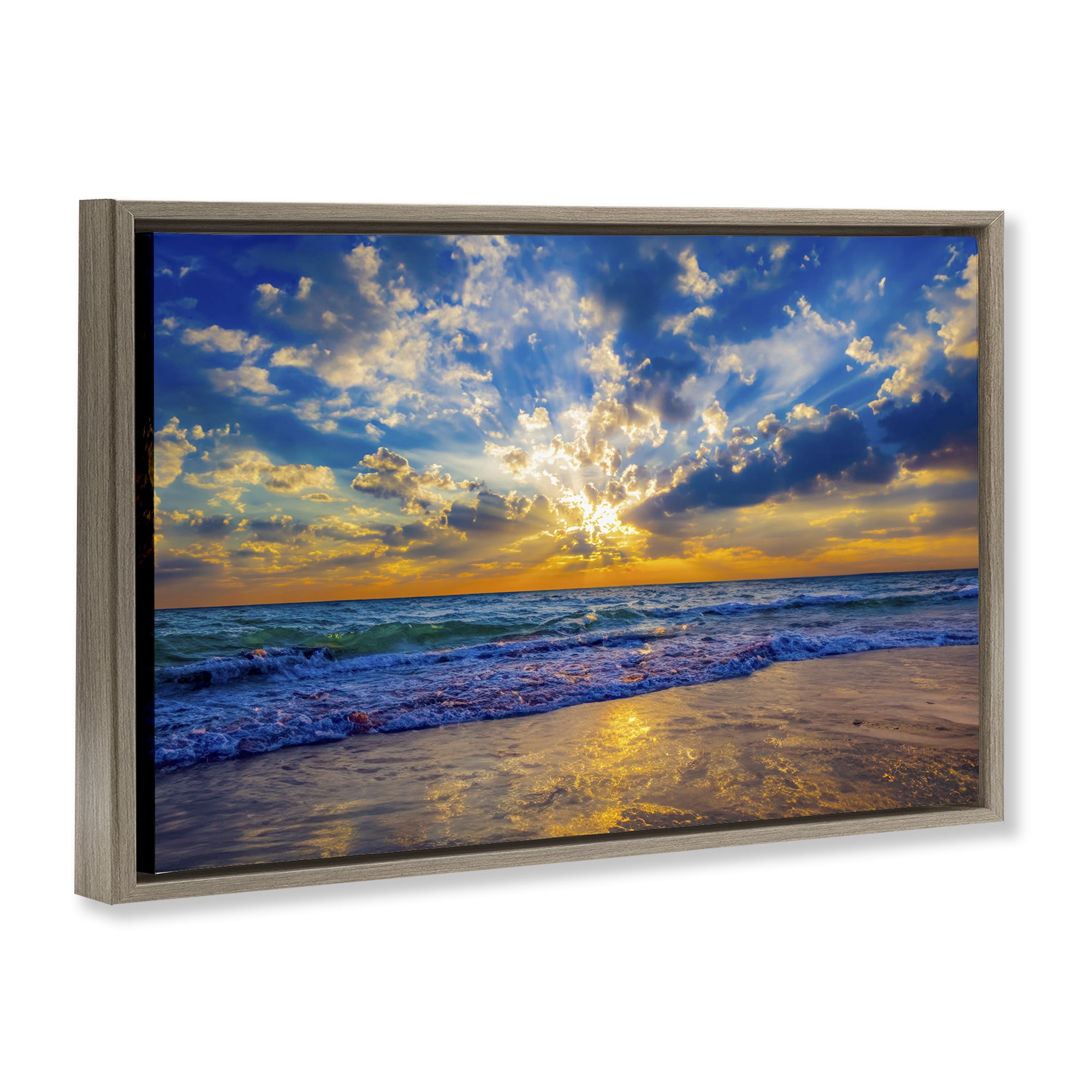 Stupell Industries Golden Blue Sun Ray On Beach Brown Framed Floater Canvas Wall Art, design by Eszra Tanner