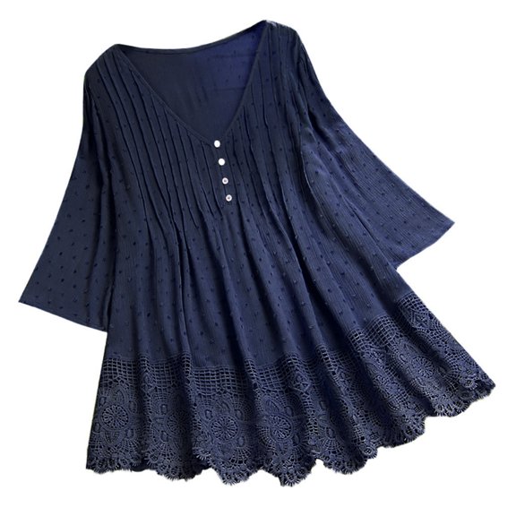 JINMGG 2023 Womens Plus Size Clearance Women Vintage Jacquard Three Quarter Lace V-Neck Plus Size Top T-Shirt Blouse Navy XXXXXL