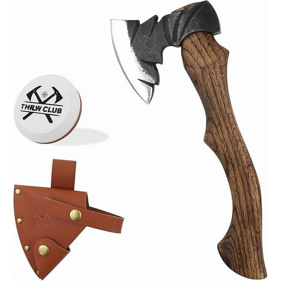 THRWCLUB 14.7" Camping Hatchet, 1065 Carbon Steel Bushcraft Axe with Wood Handle, Sheath & Sharpener