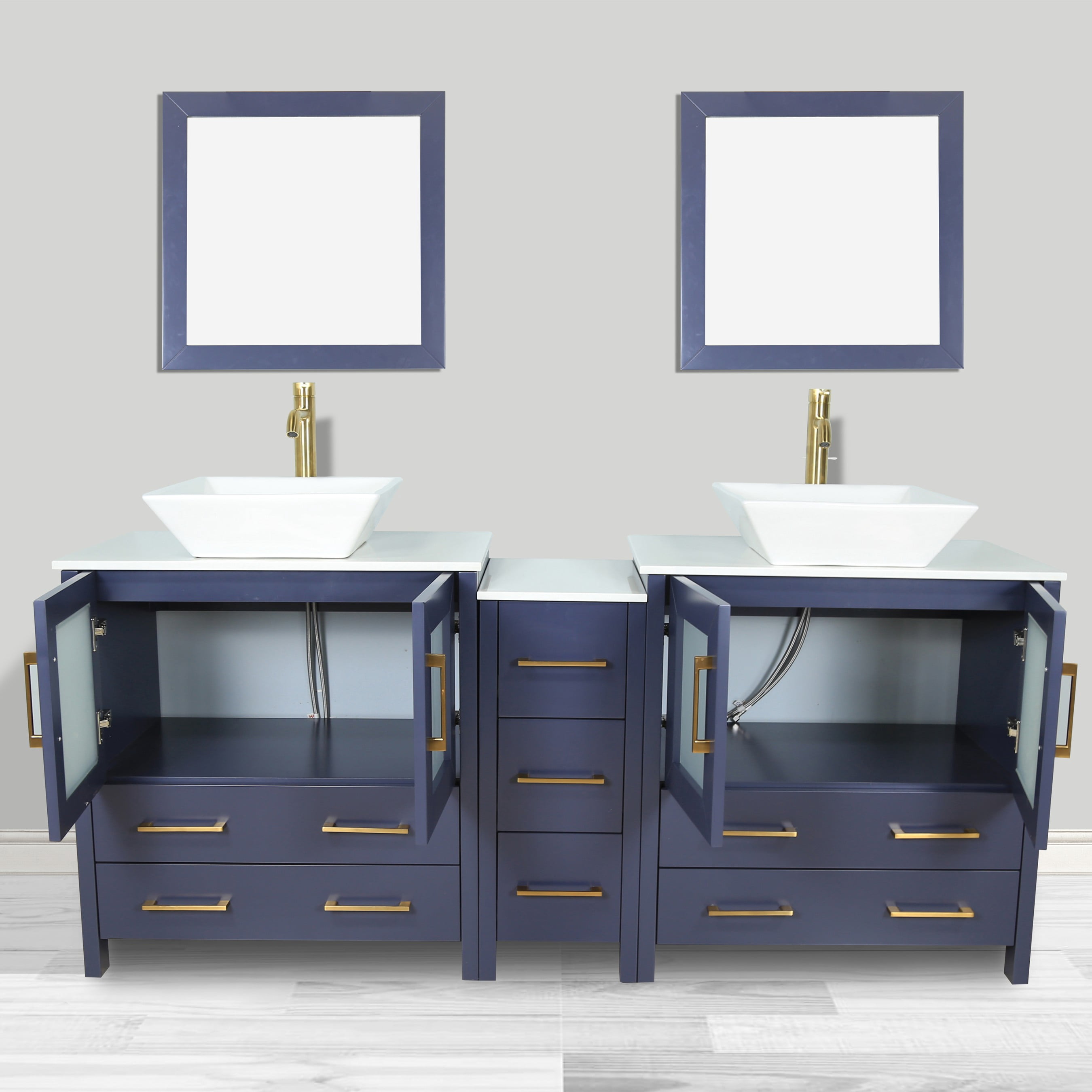 Vanity Art 72" Double Sink Bathroom Vanity Set with Engineered Marble Top and Free Mirrors