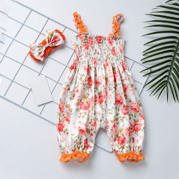 ATOGUTA Baby Girl Overalls Size 0-24M Baby Sleeveless Loose Romper Summer Outfits with Headband Orange