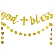 Gold Glittery God Bless Banner and Gold Glittery Circle Dots Garland (25pcs circle dots) -Baptism Banner,Communion Party Banner,Baptism Decorations for Wedding, First Communion