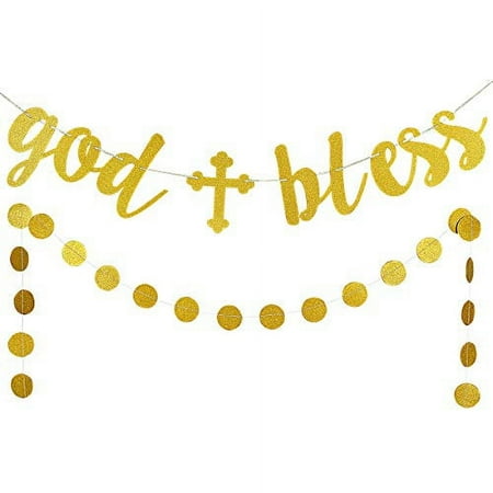 Gold Glittery God Bless Banner and Gold Glittery Circle Dots Garland (25pcs circle dots) -Baptism Banner,Communion Party Banner,Baptism Decorations for Wedding, First Communion