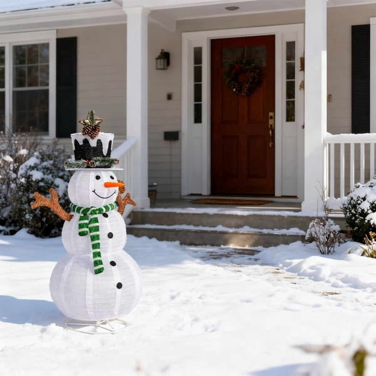 4FT Lighted Snowman Christmas Decoration, 120 White LEDs, Snow-Covered Hat & Green Scarf with Squirrel, for Indoor, Outdoor