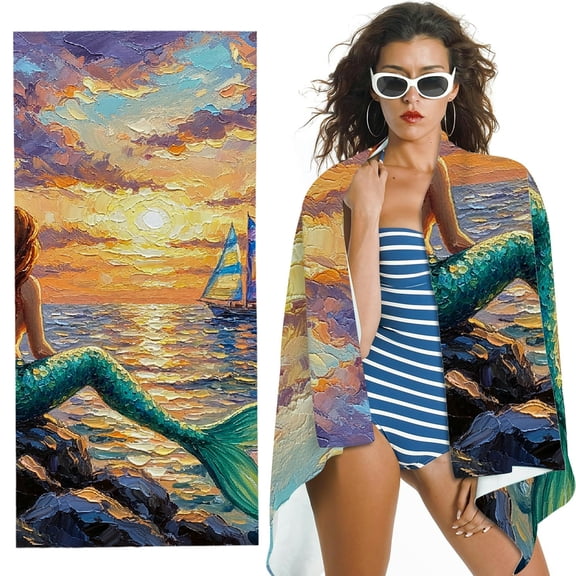 RKSupls Mermaid Sunset Impressionism Oversized Microfiber Beach Towel - Ultra-Soft Microfiber , Suitable for Bathroom, beach, Soft Super Absorbent- 30x60 in