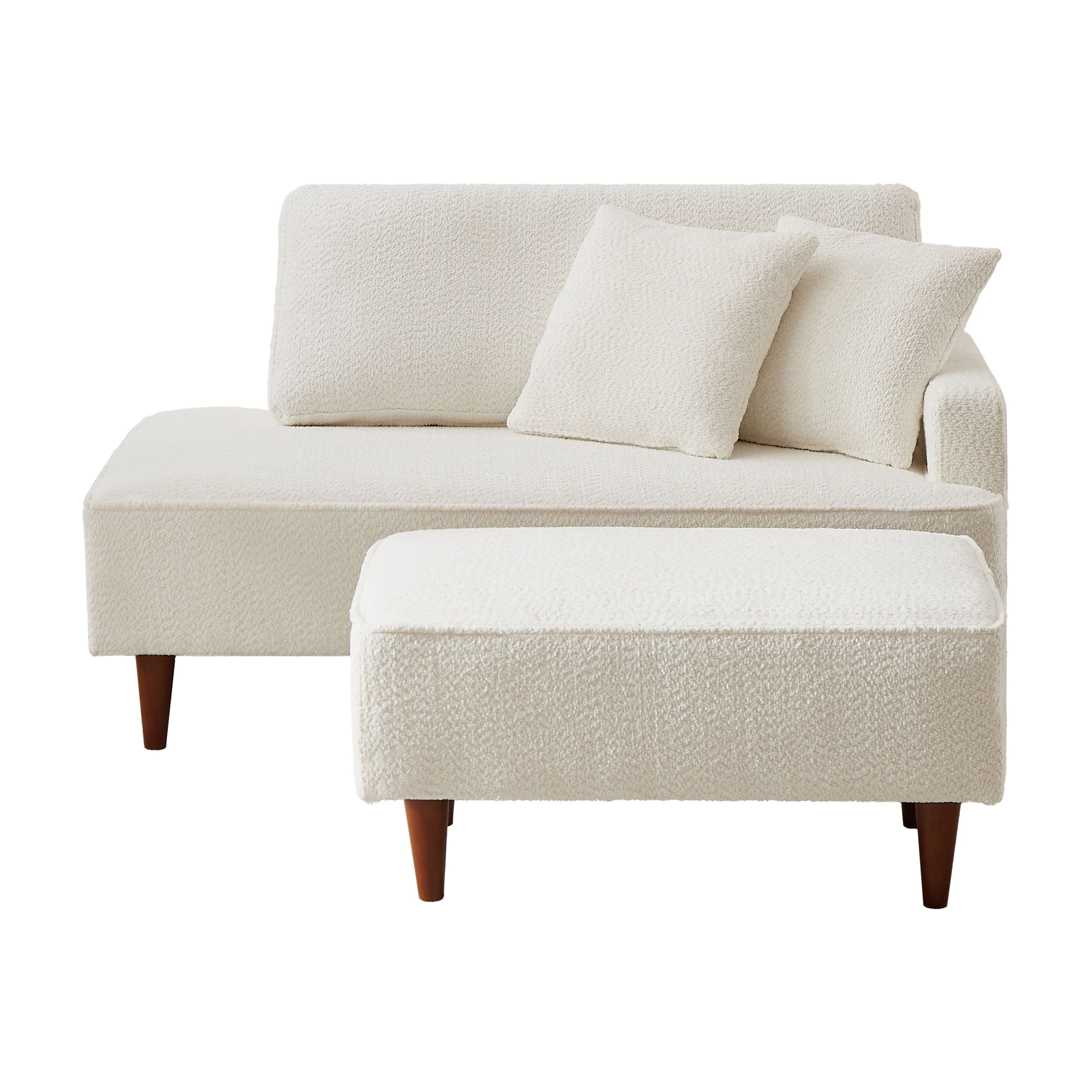 Indoor Chaise Lounge Chair with Ottoman, Boucle Upholstered Chaise Lounge with 2 Throw Pillows Included, Modern Chaise Lounge for Living Room Bedroom Reading Nook, White