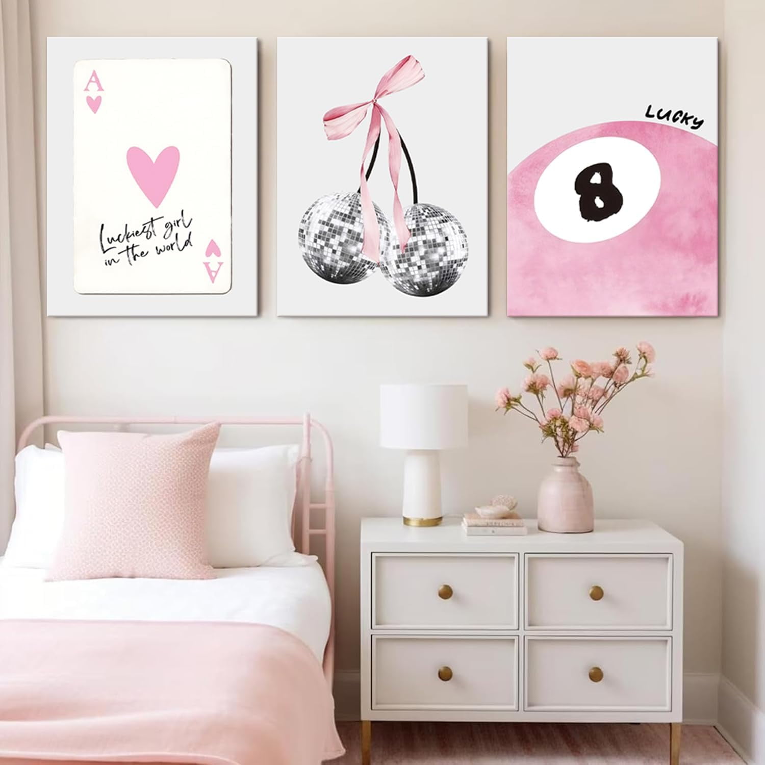 JBZZD Pink Coquette Canvas Wall Art Set of 3 Trendy Preppy Disco 8 Ball Cherry Wall Decor Posters Room Decor Prints Pictures for College Apartment Girls Bedroom Living Room Framed 12x16In
