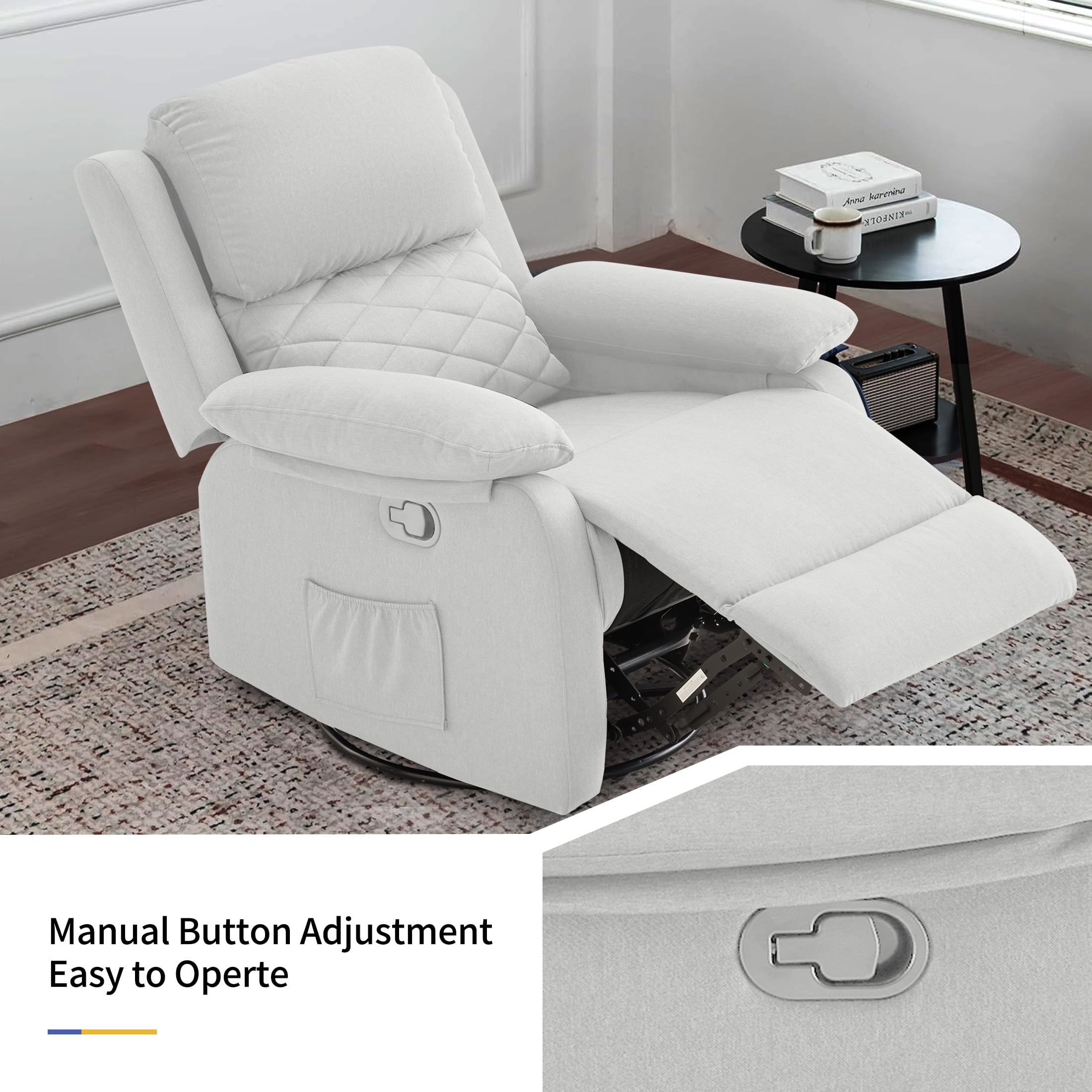 Gelloan 360° Swivel Recliner Chair, Small Rocker Chair for Small Spaces, Upholstered Fabric Glider Recliner Nursery Chair with Side Pockets,White