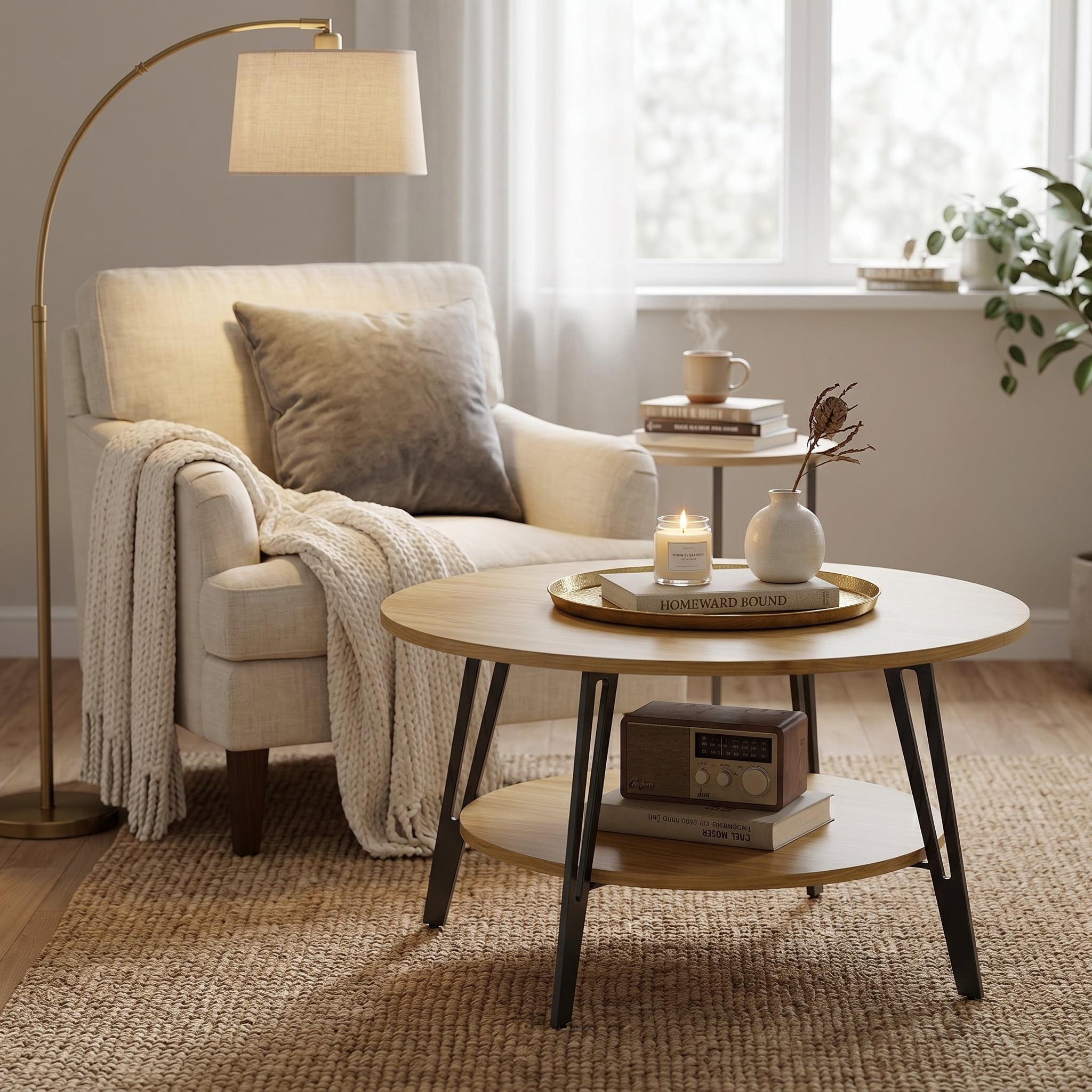 Manxile Round Coffee Table, 2 Tier Coffee Table with Storage for Living Room, Small Space & Apartment, Natural Oak