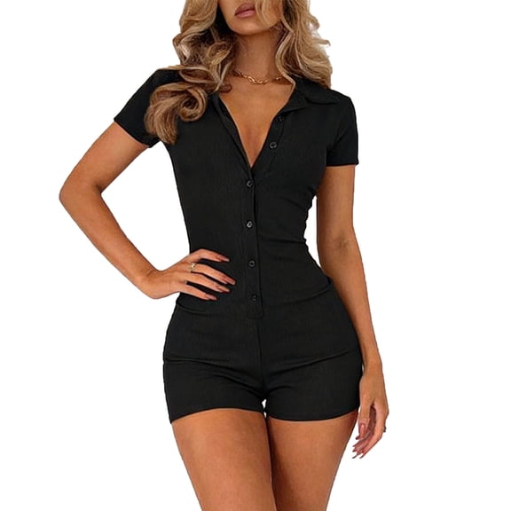 Costeam Womens Solid Color V Neck Collared Button Front Slim Fit Short Jumpsuit Elastic Waist Soft Fabric Casual Stylish One Piece Daily Short Romper