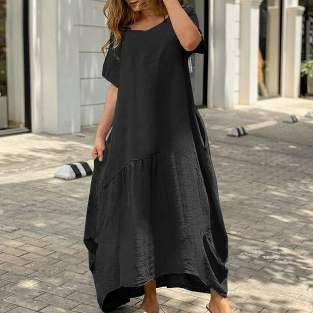 Ersazi Robe d'Été pour Femme en Liquidation Robe d'Été pour Femme à Manches Courtes Couleur Unie Douce Confortable Longue Robe Noir m