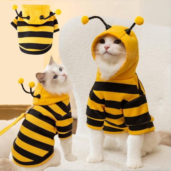 GASTROPOD Cat Bee Antennae Costume Hoodies Cute Bee Stripes Dog Kitten Puppy Pet Apparel Soft Comfortable Cat Clothes (Medium,Yellow&Black)