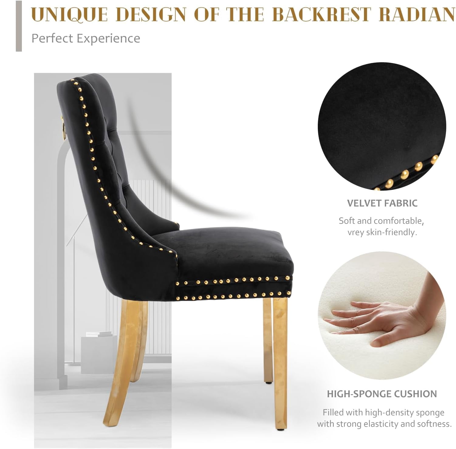 JESTOP Velvet Dining Chair Set of 2, Upholstered Tufted Dining Room Chair with Nailhead Trim and Solid Gold Plated Leg for Kitchen (Black)