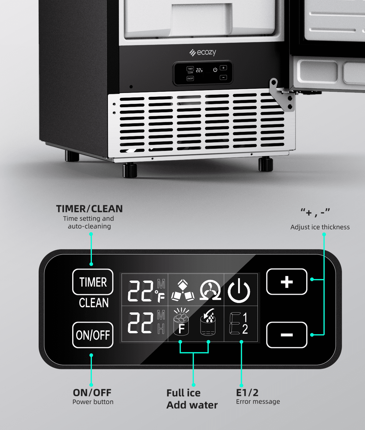 Ecozy Chillio Under Counter Commercial Ice Maker, Produces 80 lbs/24H with 24 lbs Storage Capacity, Built-In or Freestanding Design, Features Auto Self-Cleaning, 24H Timer, Smart LCD Control Panel
