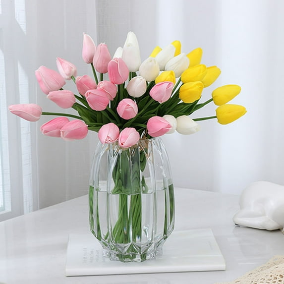 wirlsweal 5Pcs/Set Fake Flower Decor Simulated Easy to Care Faux Leather Long Stem Soft Artificial Tulip Wedding Supplies