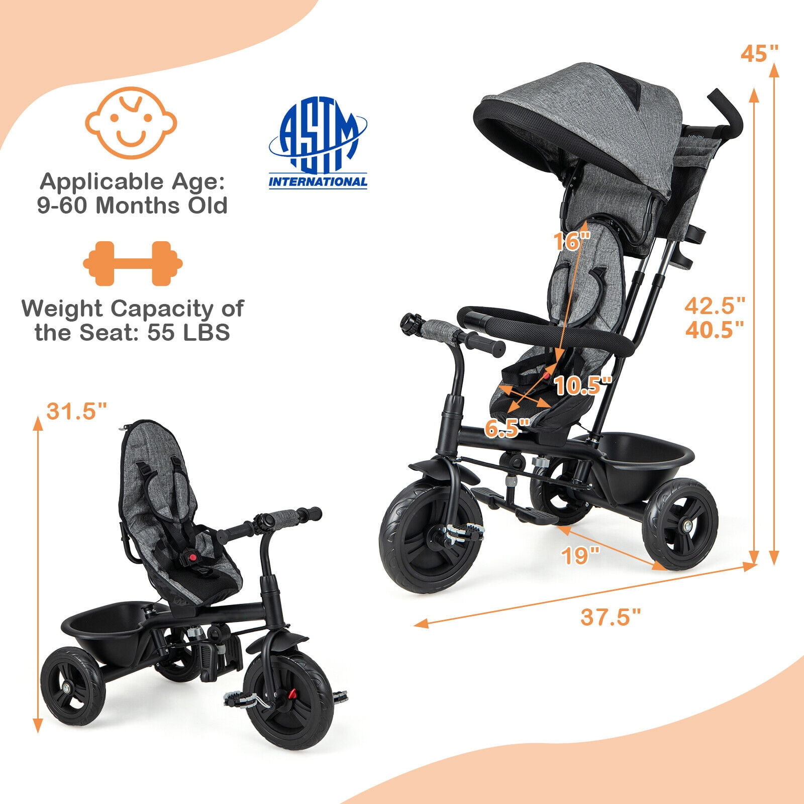 Amijoy 4-in-1 Kids' Tricycle Stroller, Toddler Push Bike with Adjustable Push Handle, Reversible Seat, Folding Canopy & Detachable Guardrail