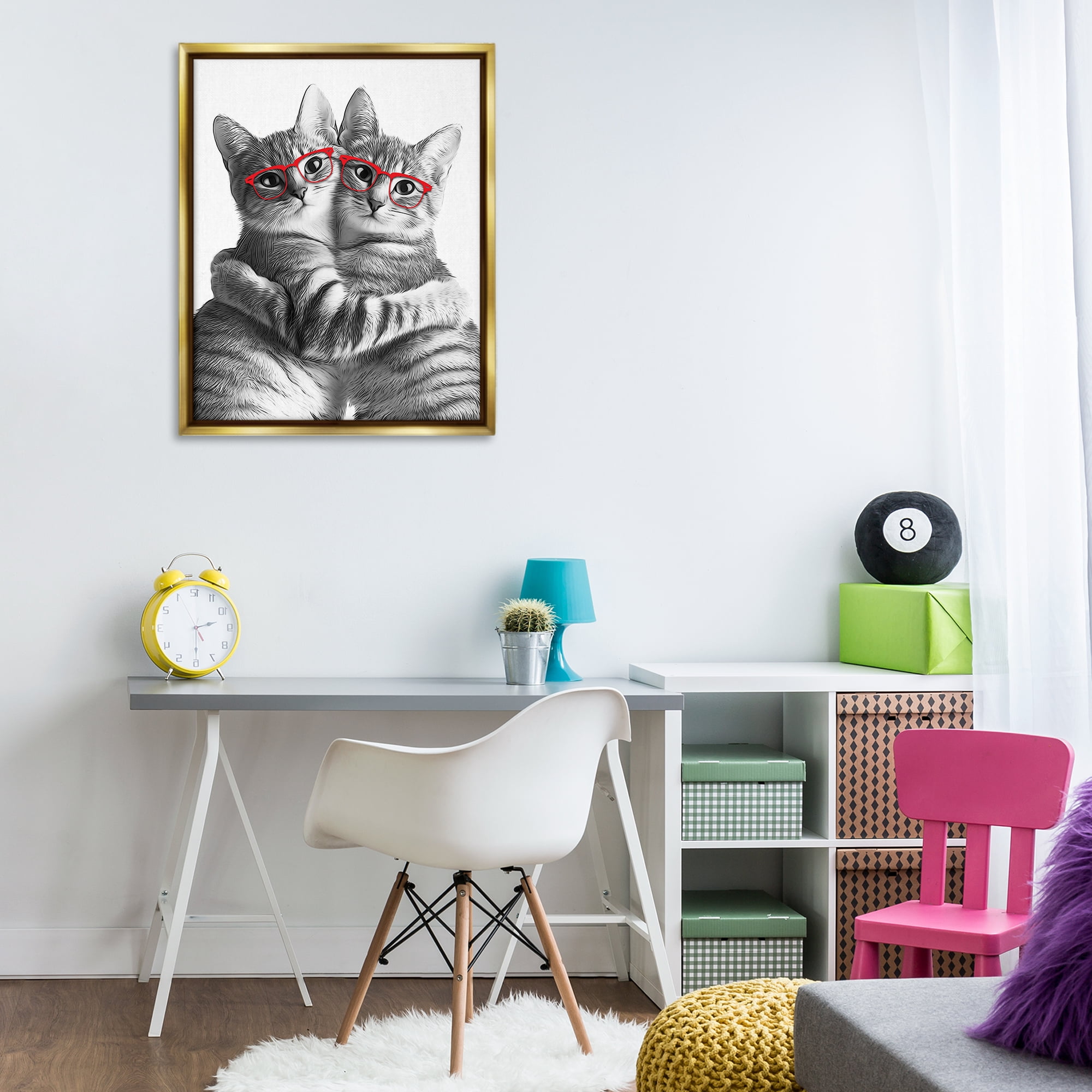 Stupell Industries Cat Pair with Glasses Animals & Insects Painting Gold Floater Framed Art Print Wall Art, 25 x 31