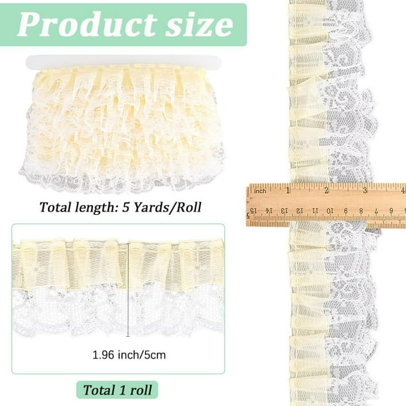 5 yard 2 Inch Double Layers Chiffon Lace Ribbon Pleated Satin Lace Edge Trim 5 Yards Ruffle Edging Trimmings Yellow Tulle Fabric for Cloth Applique Embellishment DIY Sewing Crafts