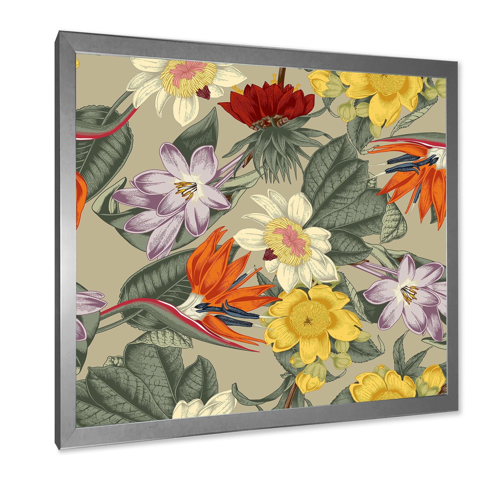 Designart 'Ancient Exotic Flowers In Orange and Yellow' Traditional Framed Art Print