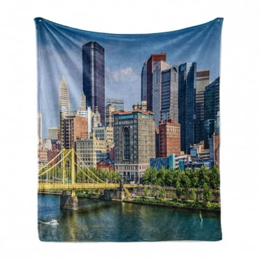 City Pittsburgh Soft Flannel Fleece Throw Blanket, Daytime Picturesque Downtown Scene over the Allegheny River Landmark, Cozy Plush for Indoor and Outdoor Use, 70" x 90", Multicolor, by Ambesonne