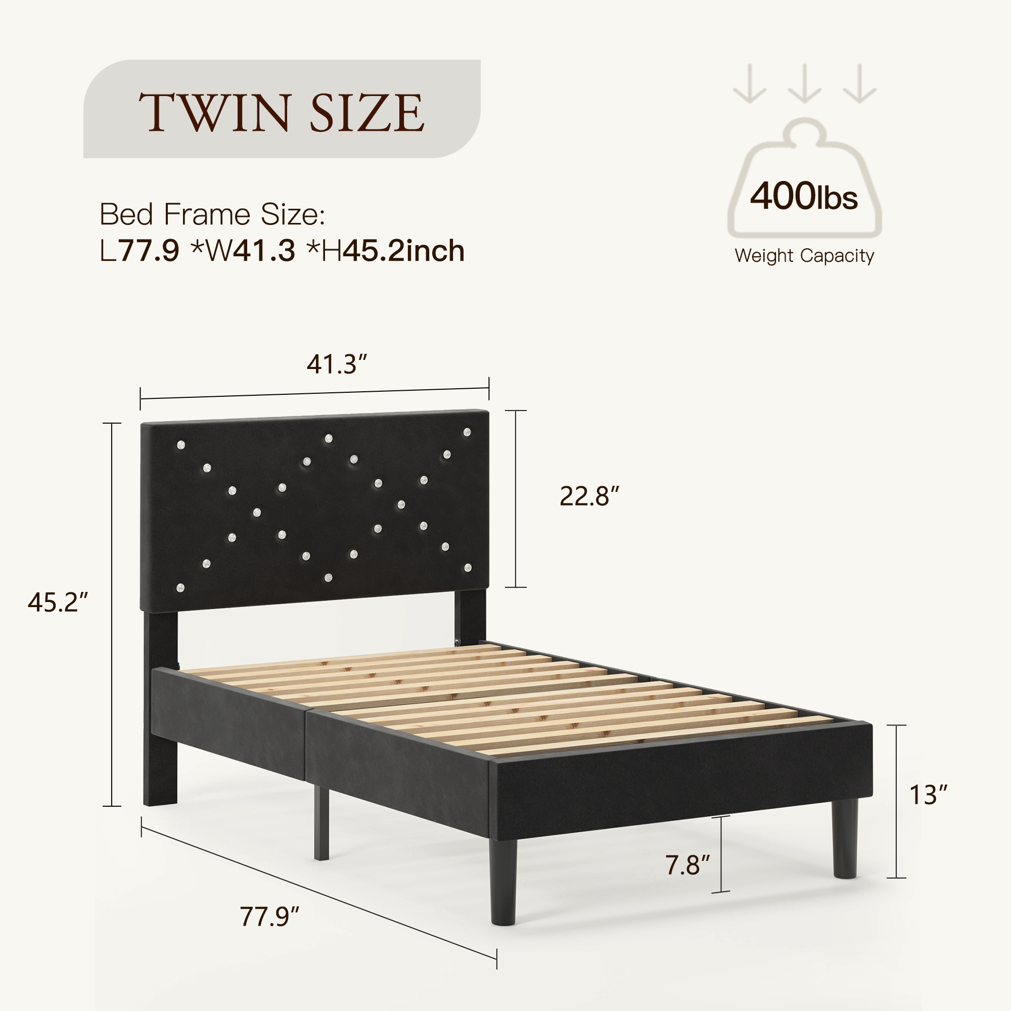 Twin Size Bed Frame with Upholstered Headboard, Non-Slip and Noise-Free/Wooden Slats Support/No Box Spring Needed/Easy Assembly, Black